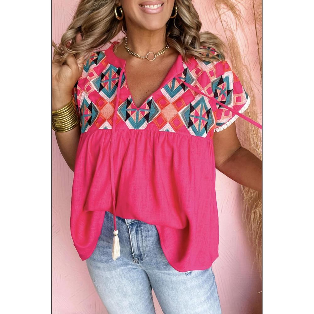 NEW DEAR LOVER strawberry geometric top with embroidered aztec details in pink
